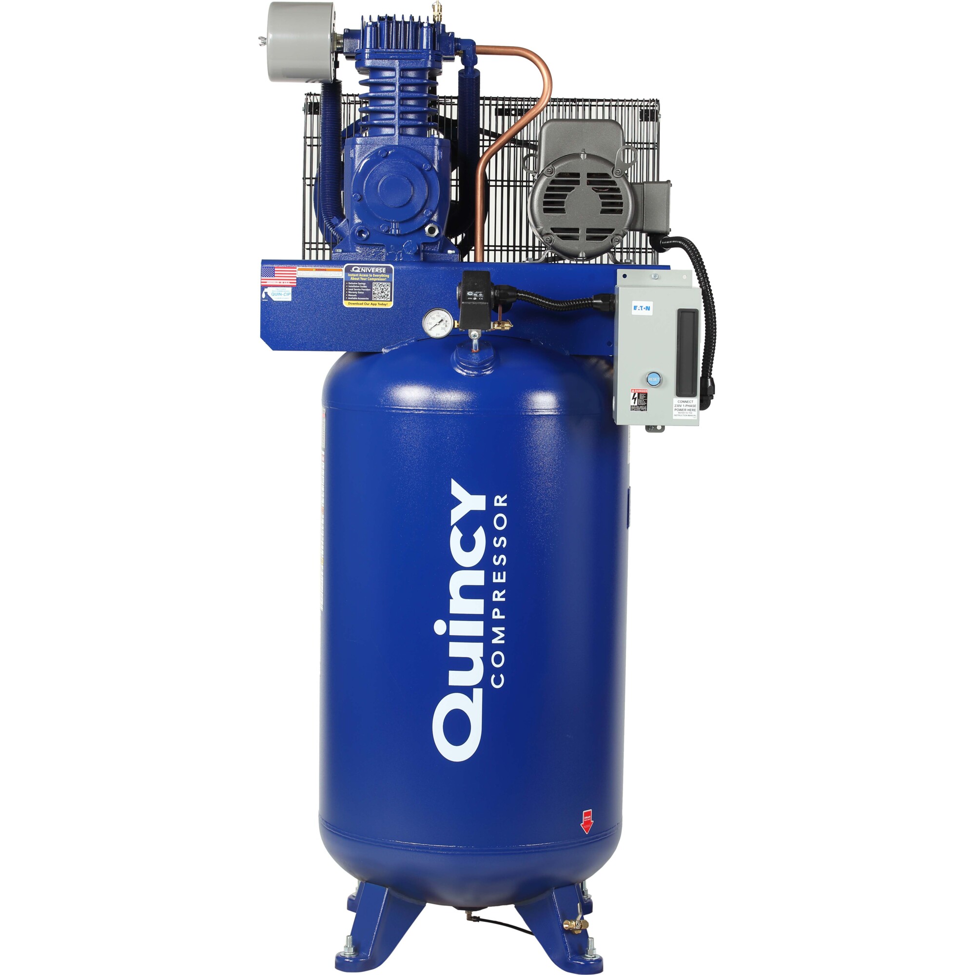 Quincy Compressor, QT 5hp 80G 2Stg Air Compressor 230V 3ph V PRO, Horsepower 5 HP, Air Tank Size 80 Gal, Volts 230 Model# 453DS80VCB23